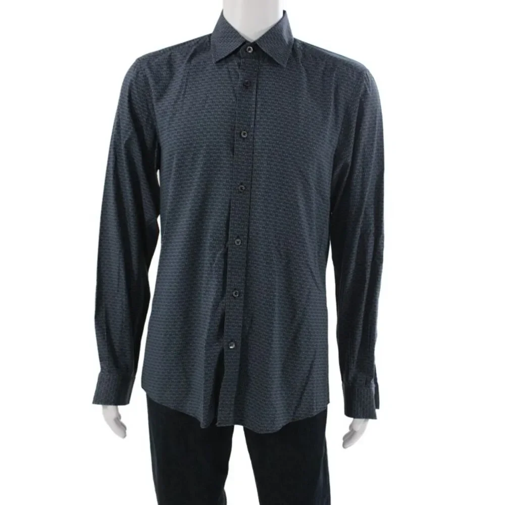 Gucci Mens Cotton Geometric Print Collared Button-Down Shirt Blue Size 42